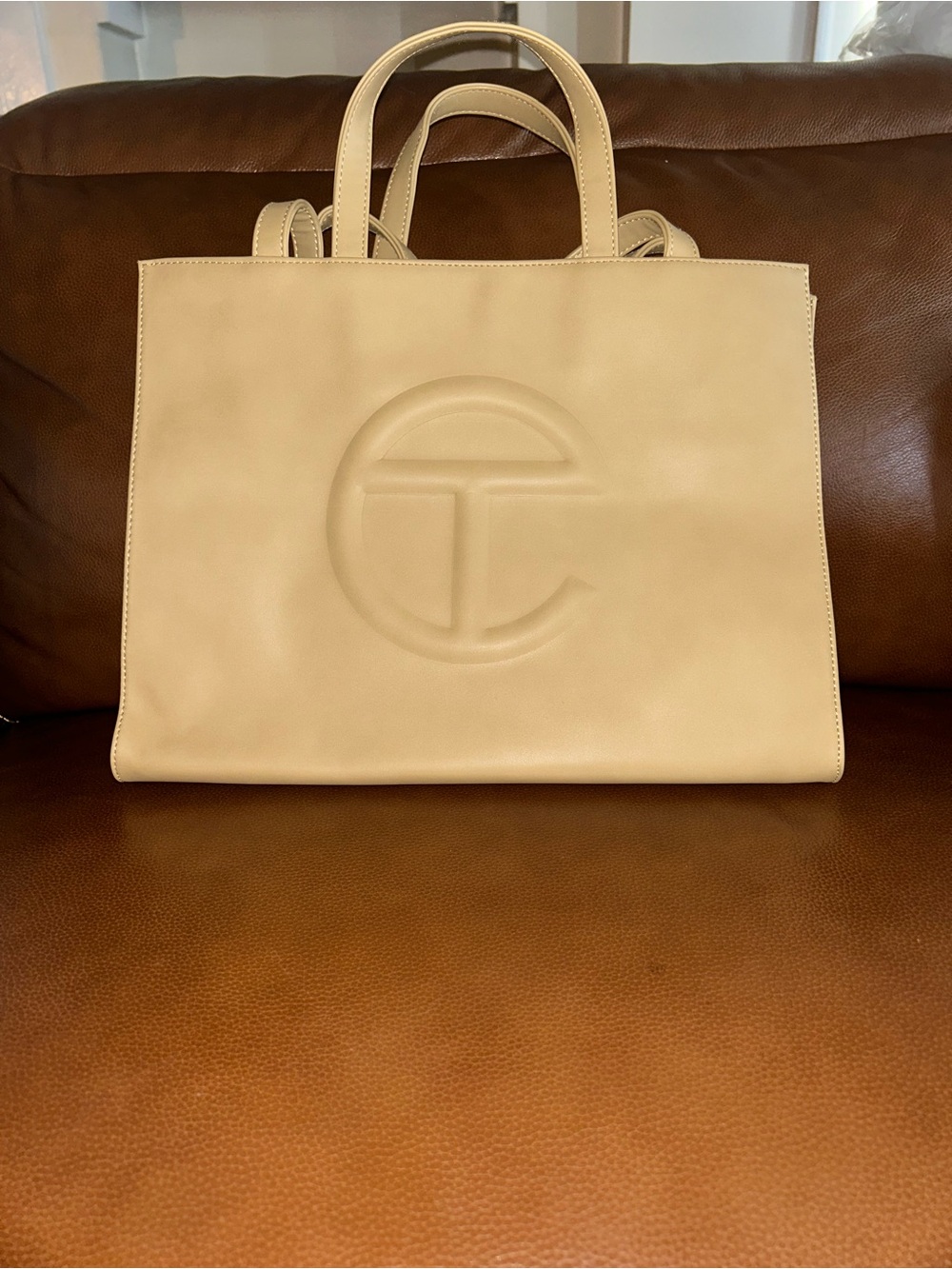 Telfar Medium Tan Embossed Logo Leather Tote - Beige